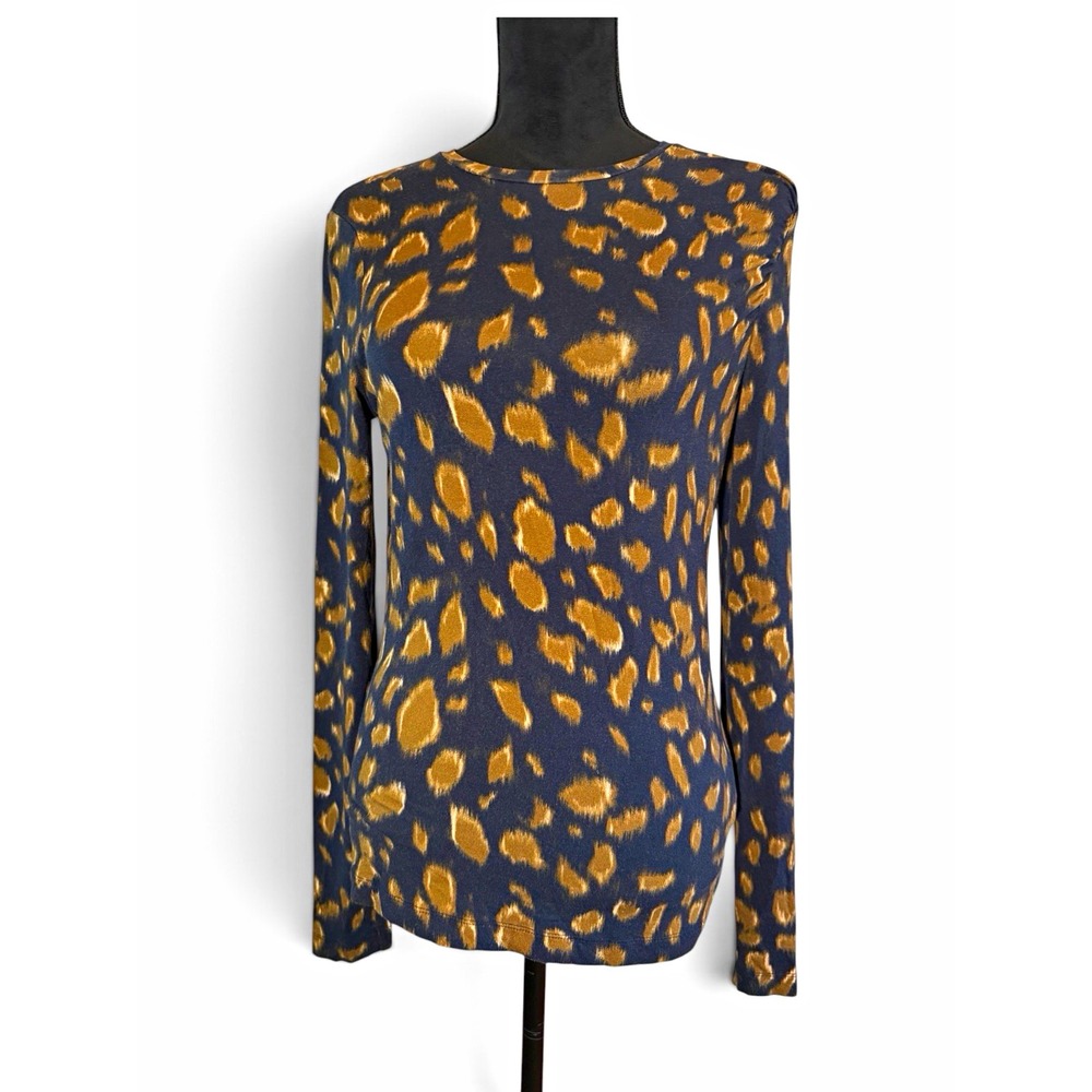 COS Navy Brown Animal Print Ruched Knit Crew Neck Long Sleeve Modal Top M Chic